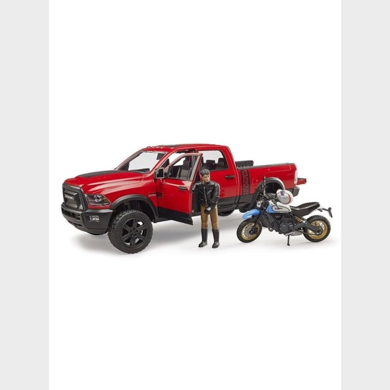 Bruder RAM 2500 Power Wagon with scrambler Ducati Desert Sled and driver