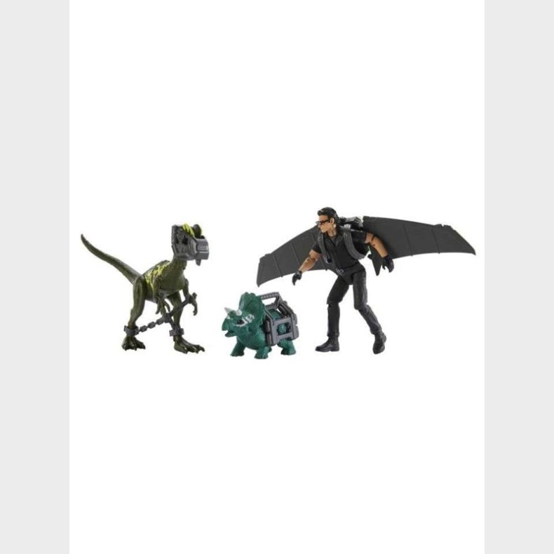 Jurassic World Dr. Ian Malcolm Glider Figure Escape Pack &amp; 2 Dinosaurs 9.5cm