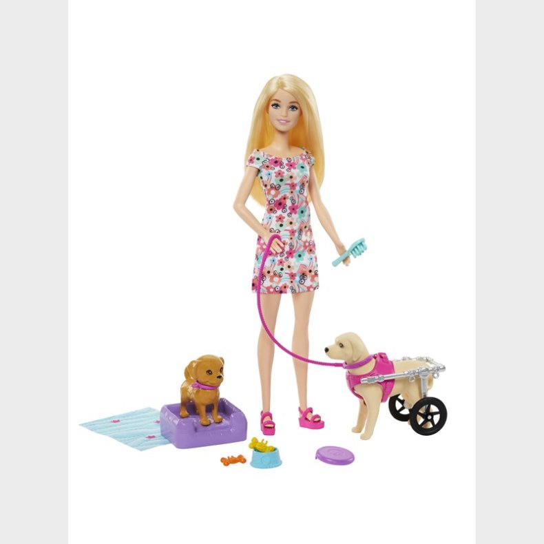 Barbie Doll with Pup and Dog in a Wheelchair