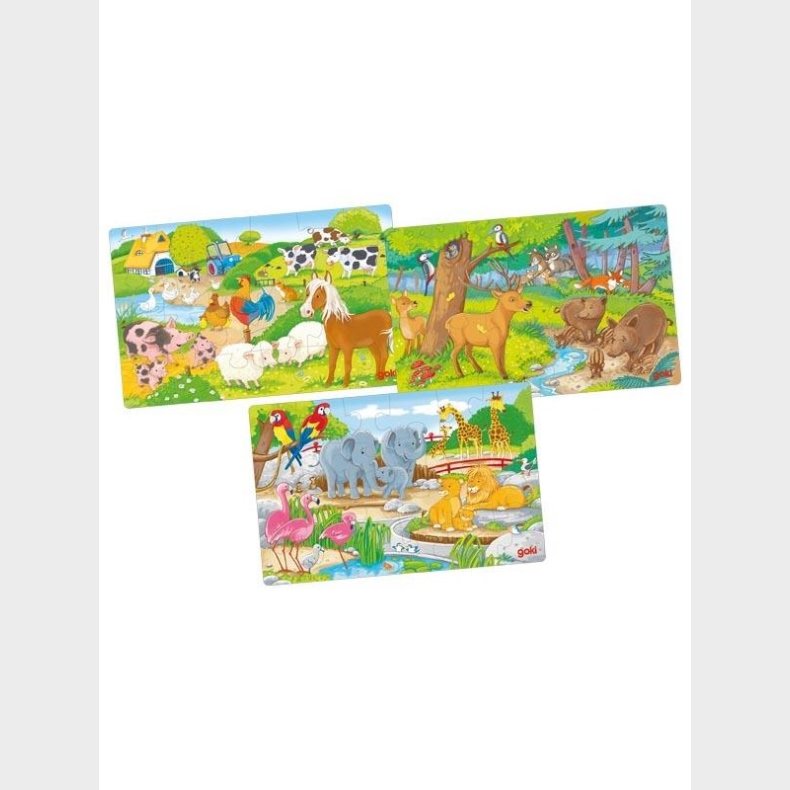 Goki Wooden Jigsaw Puzzle Animals Set of 3 Wood